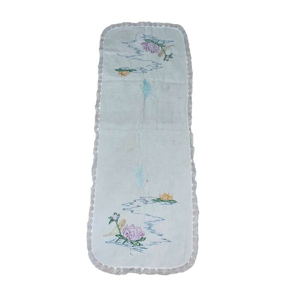 Hand-Embroidered Runner Bird Floral Vintage Lace Trim Intricate Cottage core